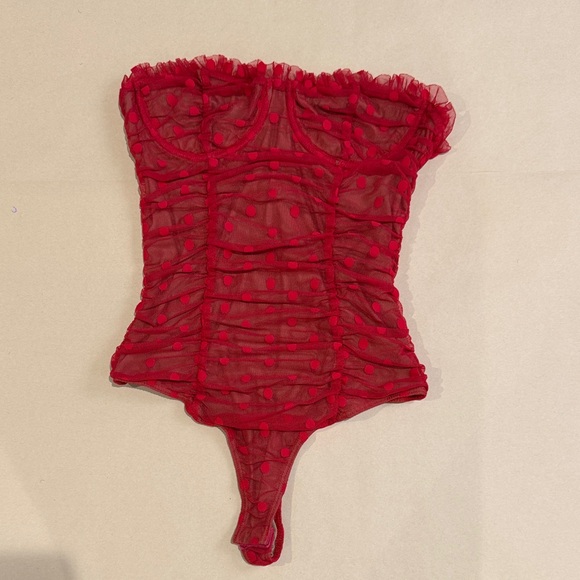 MAJORELLE Tops - Wyn Bodysuit in Red — Sheer Polka Dot